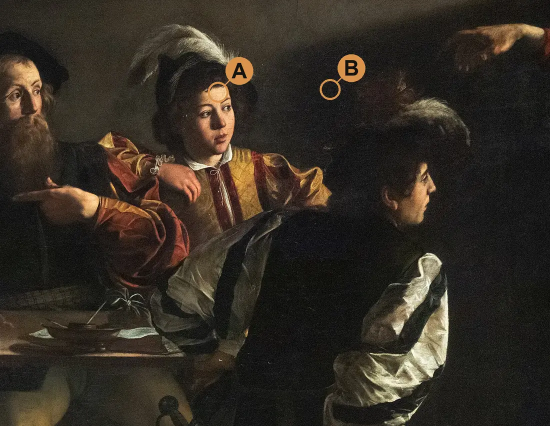 A detail from Caravaggio's The Calling of Saint Matthew with two spots marked: A on the brightly lit forehead of the youth in the plumed hat, and B on the dark background a short distance away.