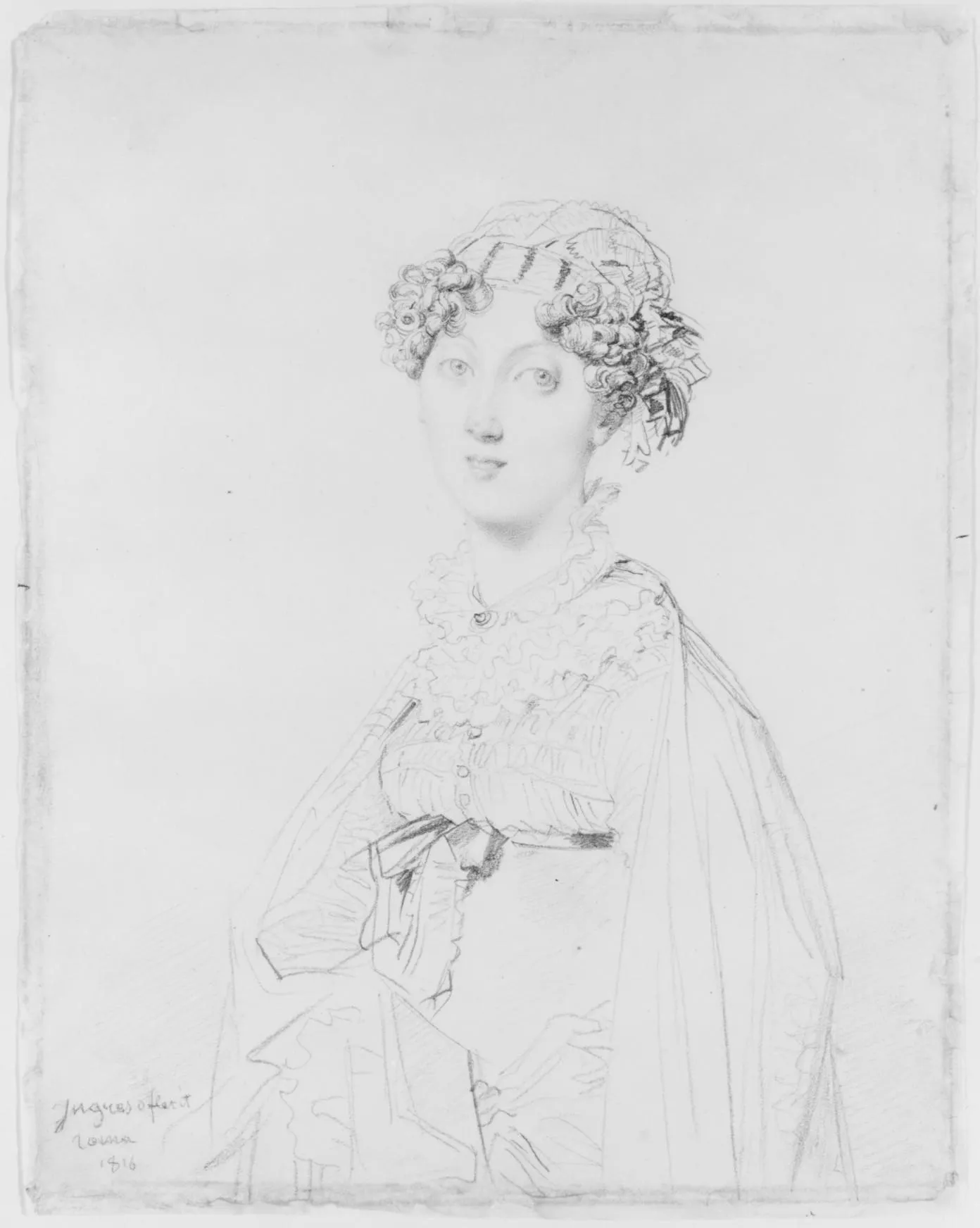 Ingres pencil portrait of Lady Mary Cavendish-Bentinck: the face fully modelled, the costume held in a faint contour that strengthens and disappears rather than a solid outline.