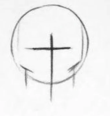 A pencil drawing of a ball with the sides sliced flat and a bold cross drawn on it, the vertical line running down the centre of the face and the horizontal line across the brow.