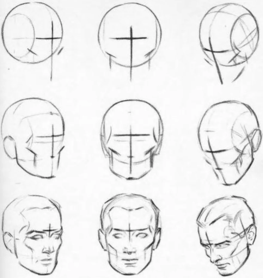 Nine pencil heads in three rows. The top row shows balls with the cross drawn on them at three angles, the middle row adds jaw, ear and brow structure, and the bottom row shows the same three heads finished with features.