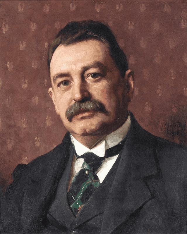 An oil portrait of a moustached man in a dark suit, shown blurred to imitate the effect of squinting so only the big light and shadow shapes remain.